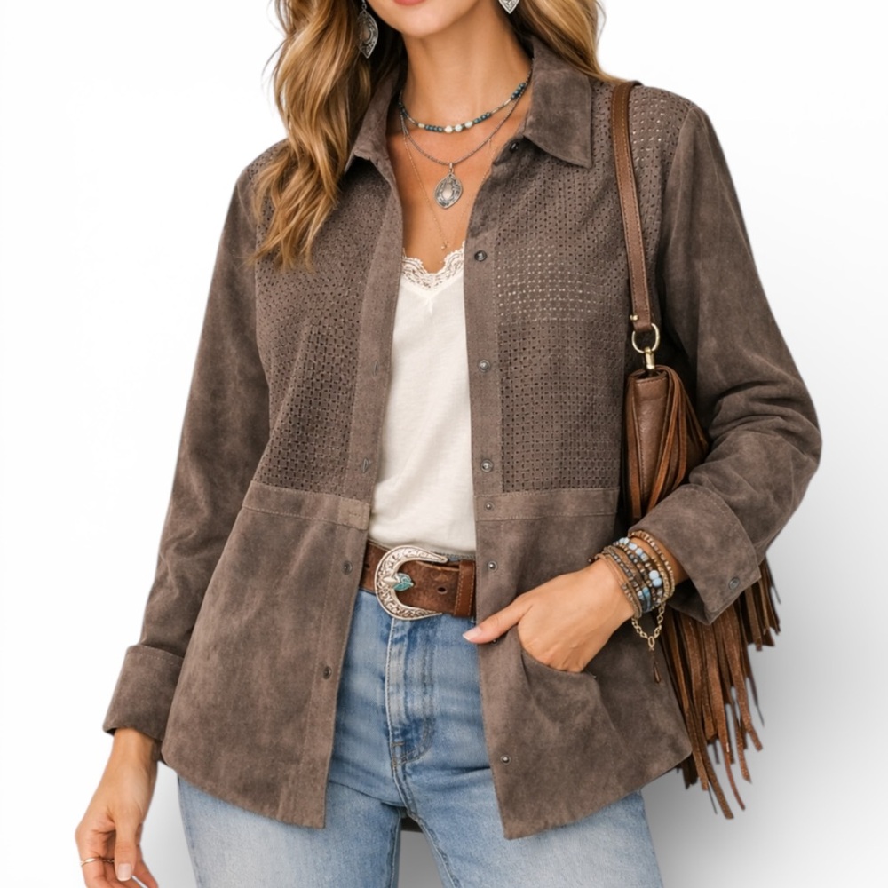 ECRU Brown Suede Perforated Button Down Overshirt Shacket Boho Western | Size L